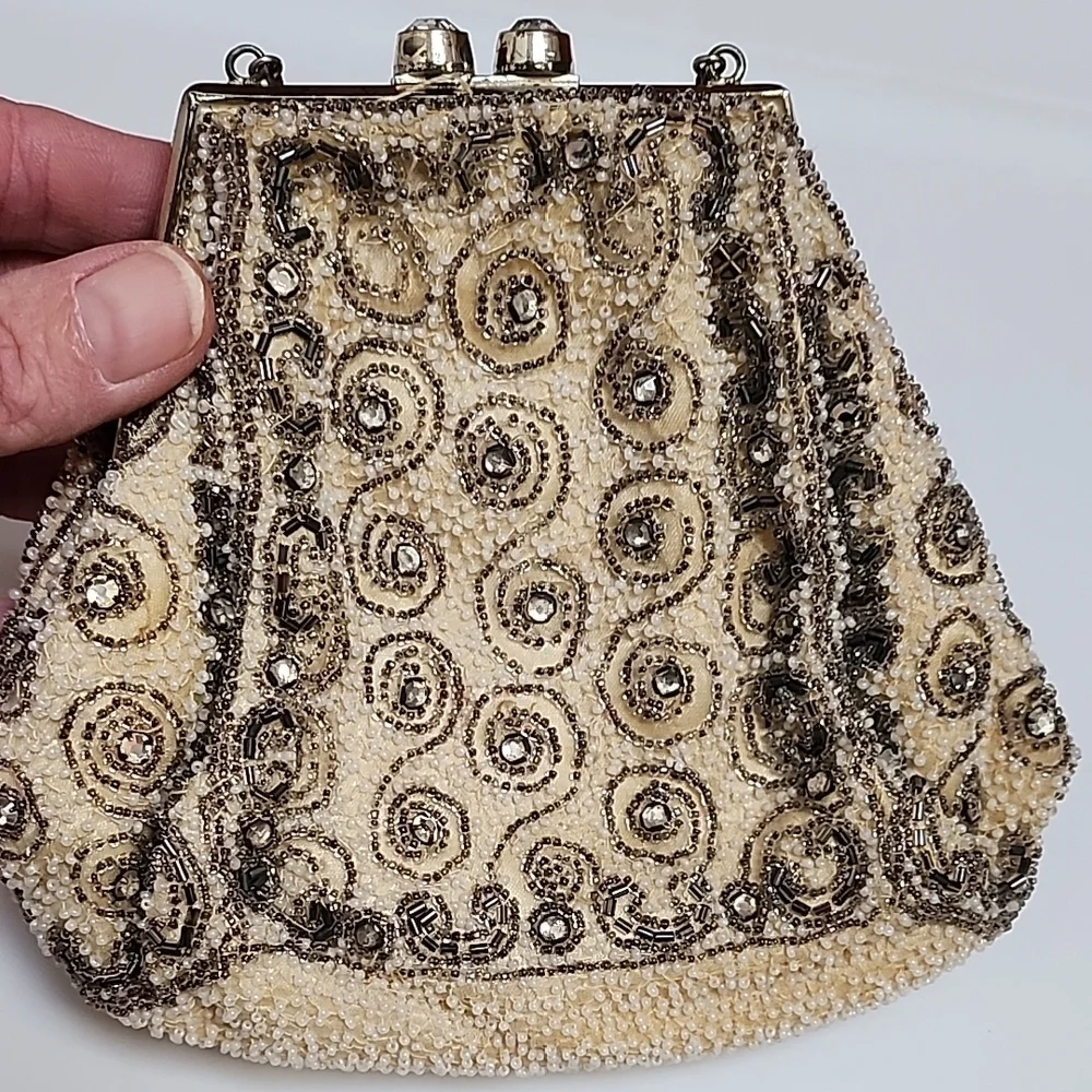 Elegant Beaded Clutch in Cream and Brown